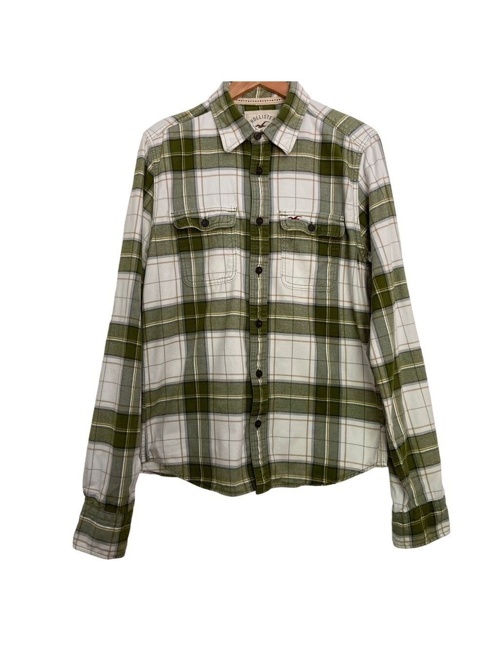 Hollister button down shirt coton plaid flanel long sleeve ecru/white green Larg